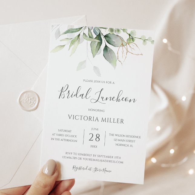 Invitación Eucalyptus Greenery Gold deja a la novia Luncheon (Subido por el creador)