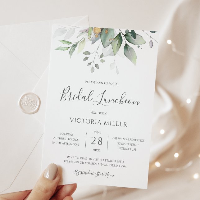 Invitación Eucalyptus Greenery Gold deja a la novia Luncheon (Subido por el creador)