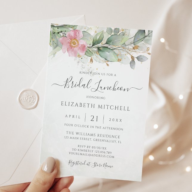 Invitación Eucalyptus Greenery Gold deja a la novia Luncheon (Subido por el creador)