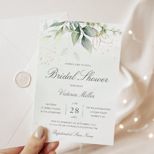 Invitación Eucalyptus Greenery Gold deja ducha de novia
