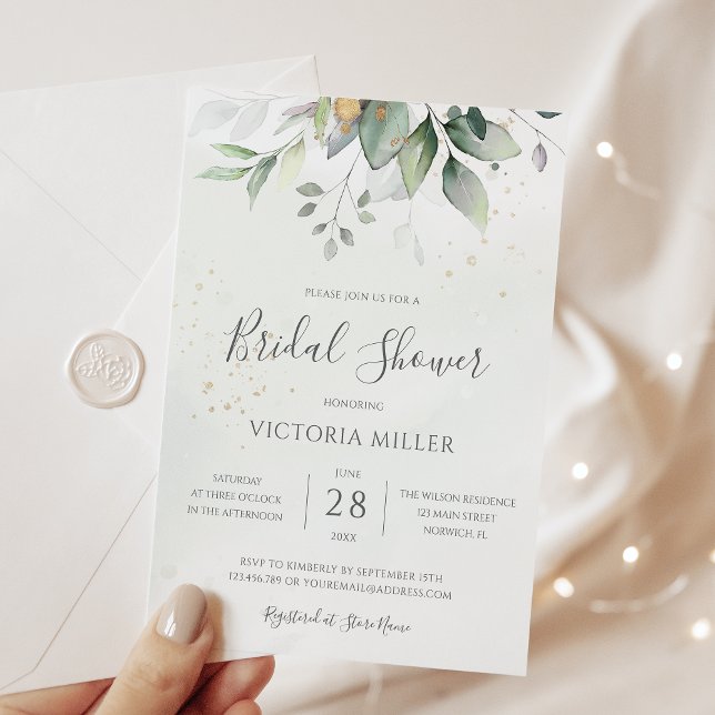 Invitación Eucalyptus Greenery Gold deja ducha de novia (Subido por el creador)