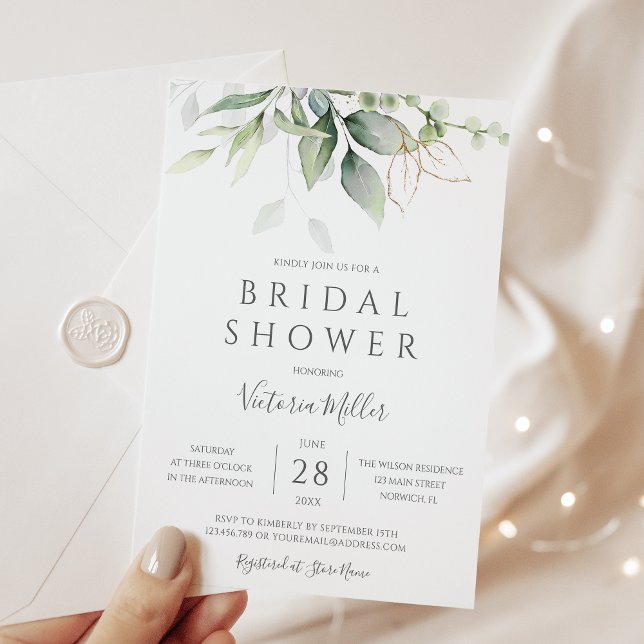 Invitación Eucalyptus Greenery Gold deja ducha de novia (Subido por el creador)