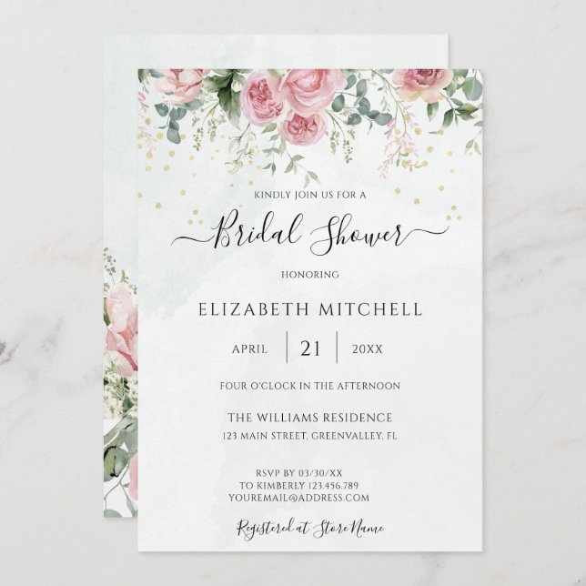 Invitación Eucalyptus Greenery Gold deja ducha de novia (Anverso / Reverso)