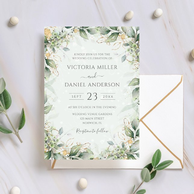 Invitación Eucalyptus Greenery Gold deja una elegante boda (Subido por el creador)