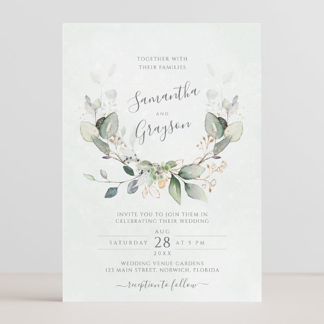 Invitación Eucalyptus Greenery Gold deja una elegante boda (Subido por el creador)