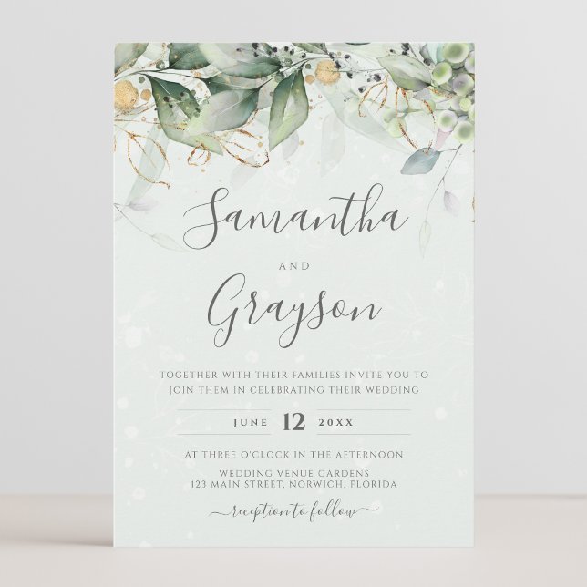 Invitación Eucalyptus Greenery Gold deja una elegante boda (Subido por el creador)