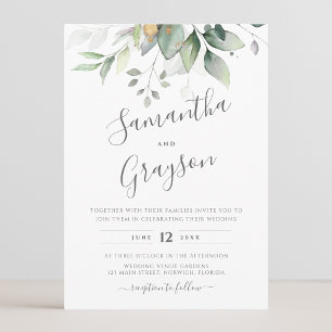Invitación Eucalyptus Greenery Gold deja una elegante boda