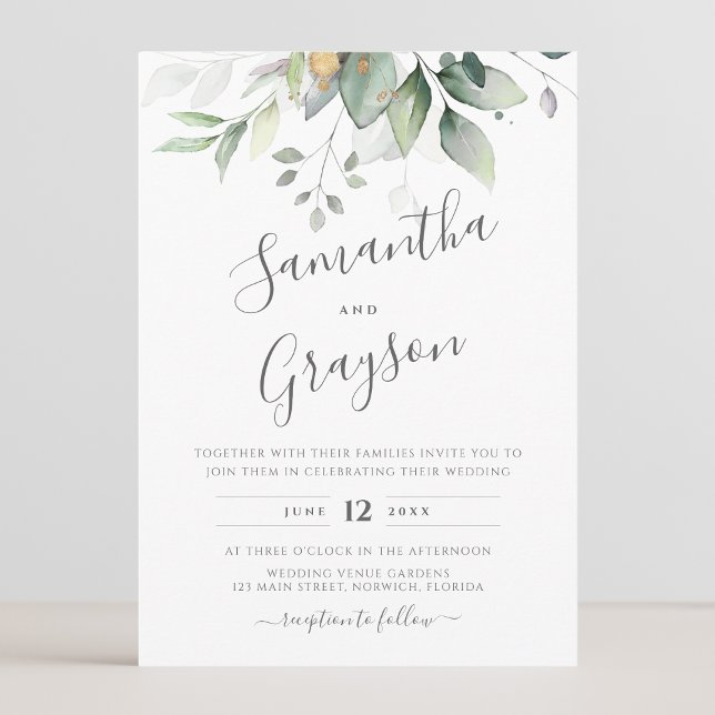 Invitación Eucalyptus Greenery Gold deja una elegante boda (Subido por el creador)