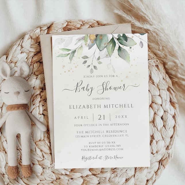 Invitación Eucalyptus Greenery Gold Elegant Baby Shower (Subido por el creador)
