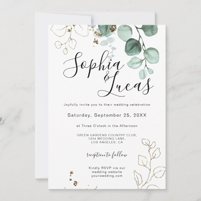Invitación Eucalyptus Greenery Gold Elegante Boda de follaje (Anverso)