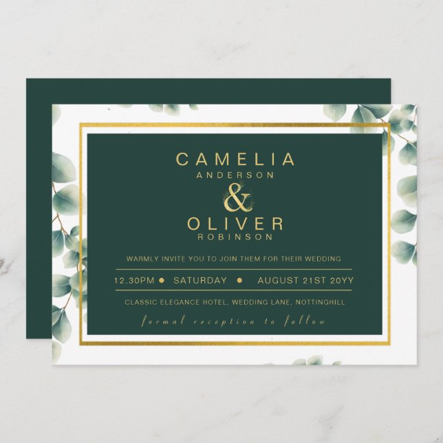 Invitación Eucalyptus Greenery Gold Emerald Boda QR CÓDIGO (Anverso / Reverso)