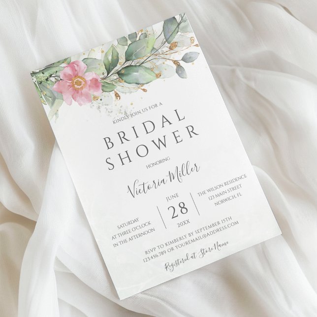 Invitación Eucalyptus Greenery Gold Floral Rosa Ducha de Novi (Subido por el creador)