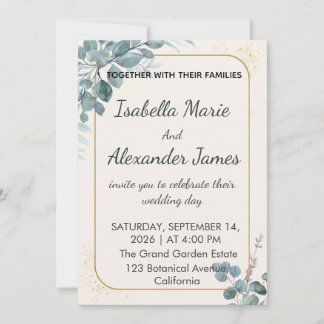 Invitación Eucalyptus Greenery Gold Foil Minimalist Wedding I
