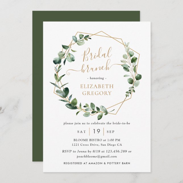 Invitación Eucalyptus Greenery Gold Geometric Bridal Brunch (Anverso / Reverso)