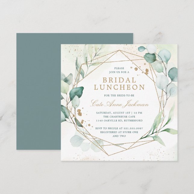 Invitación Eucalyptus Greenery Gold Geometric Bridal Luncheon (Anverso / Reverso)
