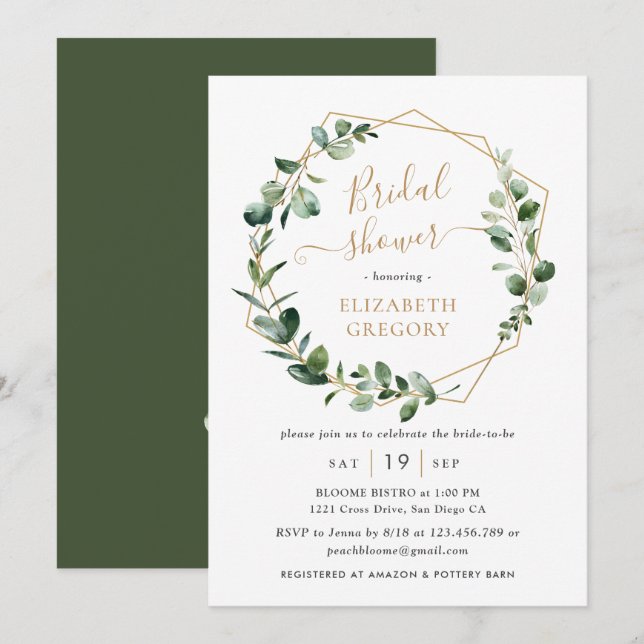 Invitación Eucalyptus Greenery Gold Geometric Bridal Shower (Anverso / Reverso)