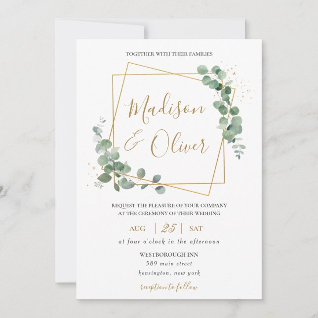 Invitación Eucalyptus Greenery Gold Geométrico Moderno Boda (Anverso)