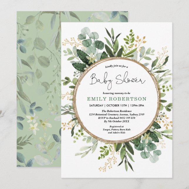 Invitación Eucalyptus Greenery Gold Neutral Baby Shower (Anverso / Reverso)