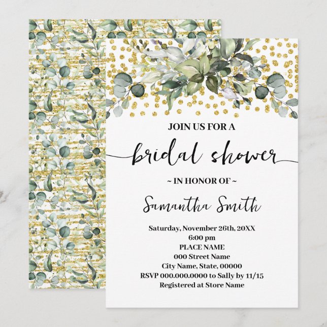 Invitación Eucalyptus Greenery Gold Purpurina Bridal Shower (Anverso / Reverso)