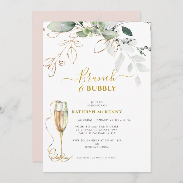 Invitación Eucalyptus Greenery Gold Rubor Pink Bridal Shower (Anverso / Reverso)