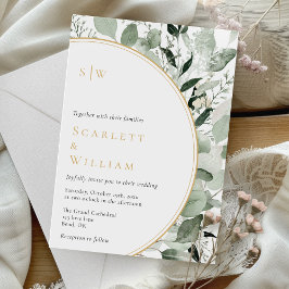 Invitación Eucalyptus Greenery Gold Sage Monograma Boda