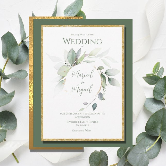 Invitación Eucalyptus Greenery Gold Watercolor Boda moderno (Subido por el creador)