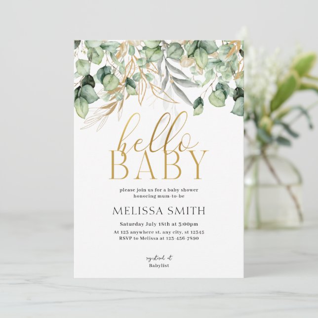 Invitación Eucalyptus Greenery Hello Baby Shower (Anverso de pie)