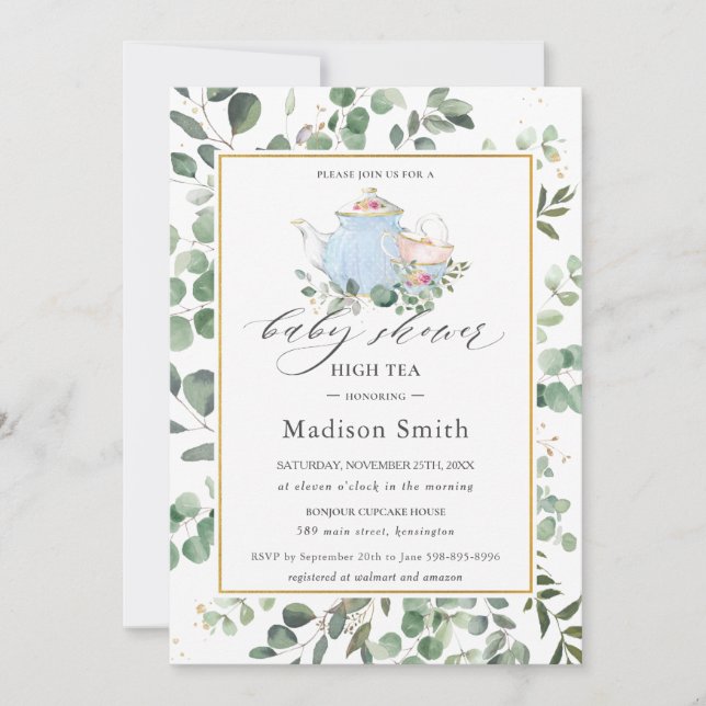 Invitación Eucalyptus Greenery High Tea Fiesta Baby Shower (Anverso)
