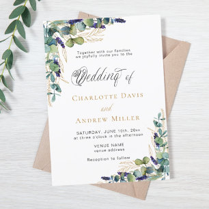 Invitación Eucalyptus greenery lavender script boda de lujo