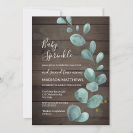 Invitación Eucalyptus Greenery Madera Rústica Bebé Sprinkle I