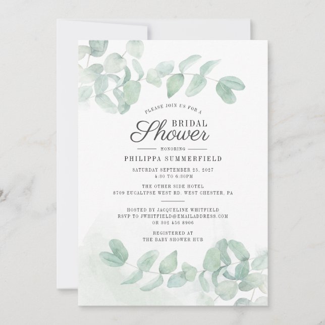 Invitación Eucalyptus Greenery Minimalista Ducha Bridal (Anverso)