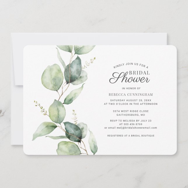 Invitación Eucalyptus Greenery Moderna Ducha Bridal (Anverso)
