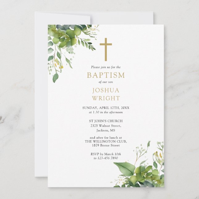 Invitación Eucalyptus Greenery Monograma Bautismo Christening (Anverso)