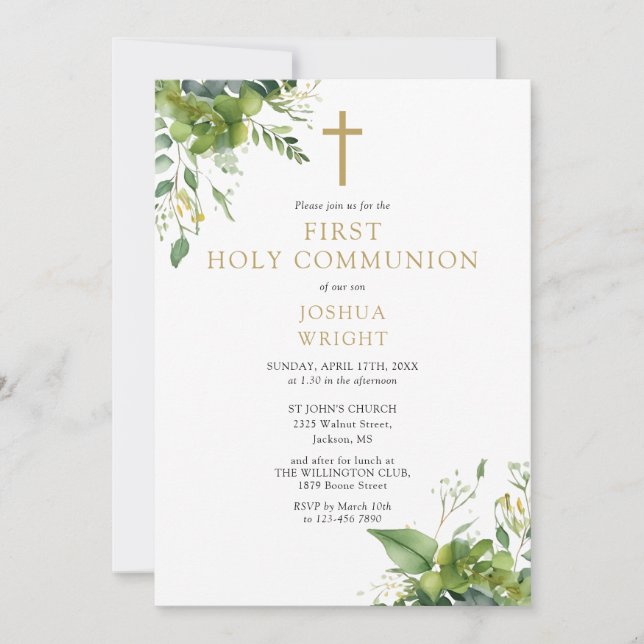 Invitación Eucalyptus Greenery Monograma Primera Comunión San (Anverso)