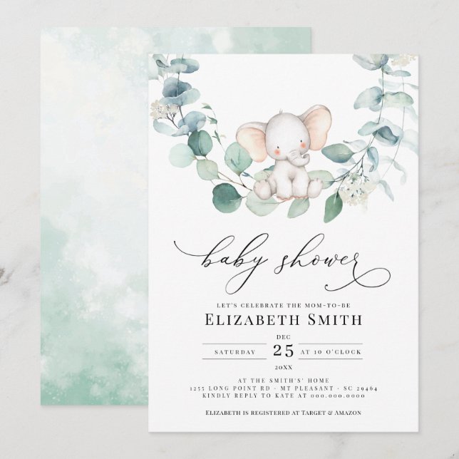 Invitación Eucalyptus Greenery Peanut Elephant Baby Shower (Anverso / Reverso)