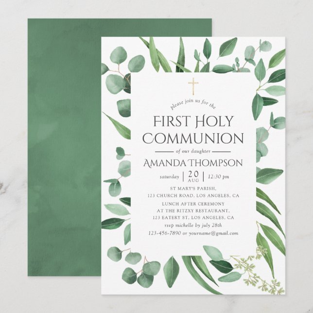Invitación Eucalyptus Greenery Primera Comunión Santa (Anverso / Reverso)