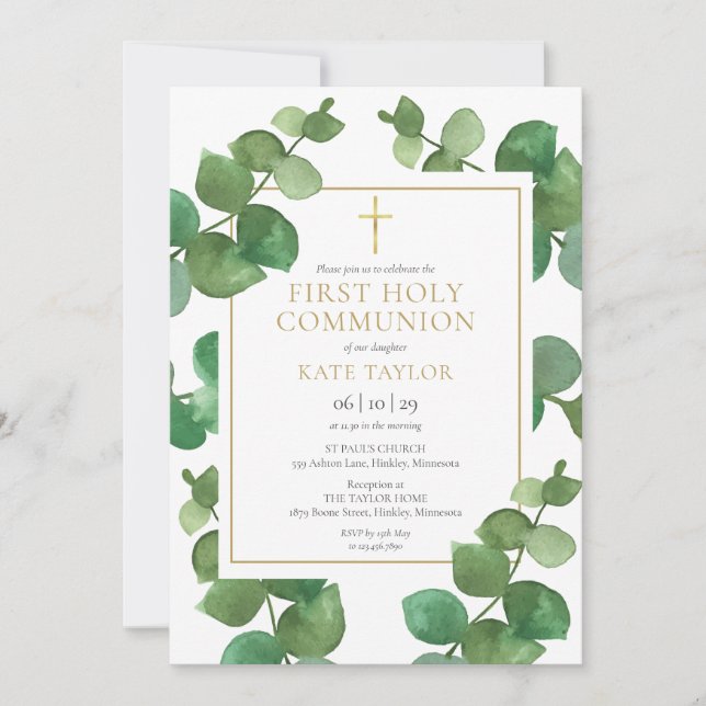 Invitación Eucalyptus Greenery Primera Comunión Santa (Anverso)