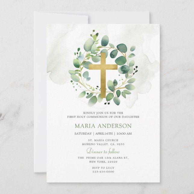 Invitación Eucalyptus Greenery Primera Comunión Santa (Anverso)