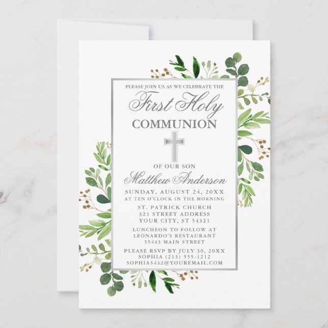 Invitación Eucalyptus Greenery Primera Plata Comunitaria (Anverso)