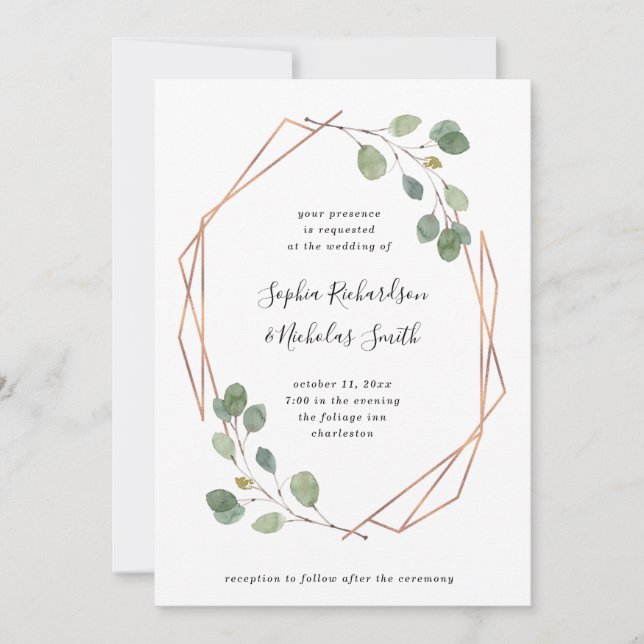 Invitación Eucalyptus Greenery | Rosa Boda Geométrico Oro (Anverso)