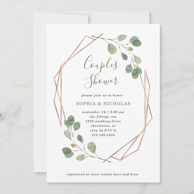 Invitación Eucalyptus Greenery | Rosa Ducha Geo Parejas Dorad (Anverso)