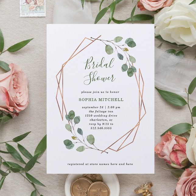 Invitación Eucalyptus Greenery | Rosa Gold Geo Bridal Shower (Subido por el creador)