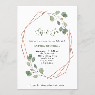 Invitación Eucalyptus Greenery Rosa Gold Geo Sip y See