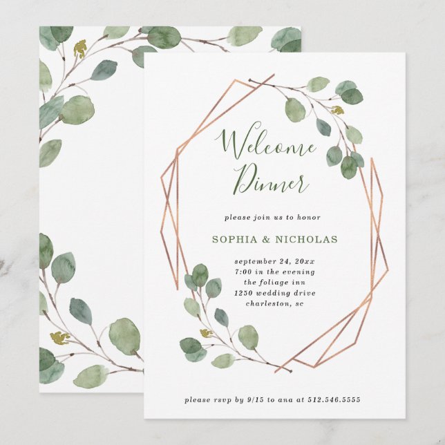 Invitación Eucalyptus Greenery | Rosa Gold Geo Welcome Dinner (Anverso / Reverso)