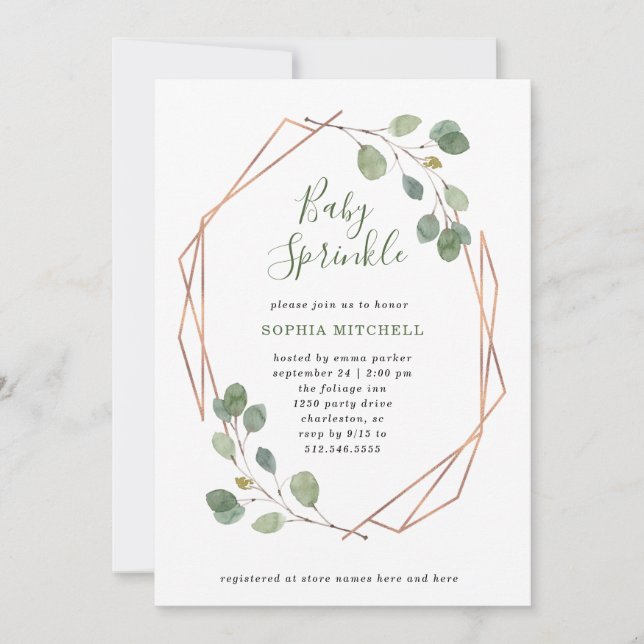 Invitación Eucalyptus Greenery Rosa Oro Geo Bebé Sprinkle (Anverso)
