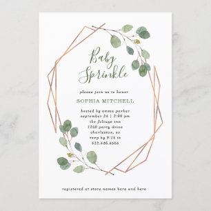 Invitación Eucalyptus Greenery Rosa Oro Geo Bebé Sprinkle