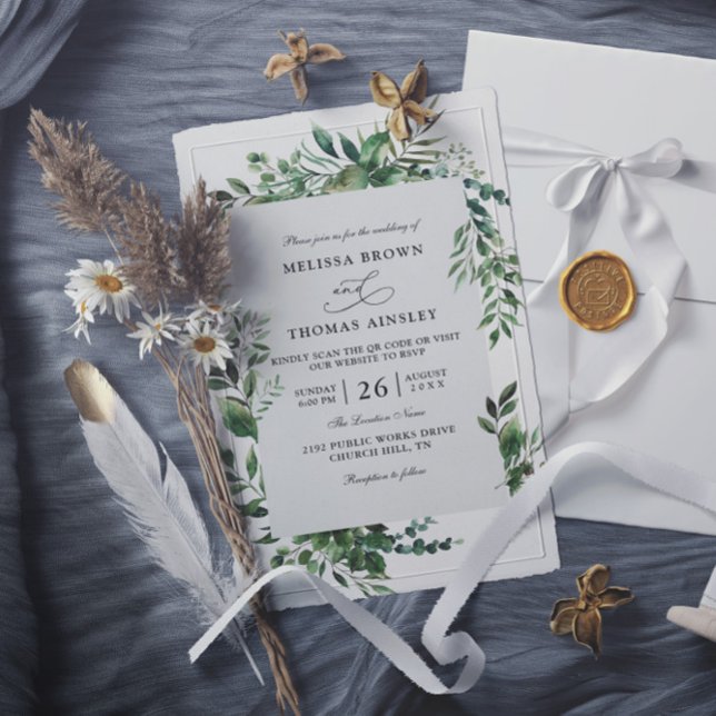 Invitación Eucalyptus Greenery Rustic Budget QR Code Wedding (Subido por el creador)