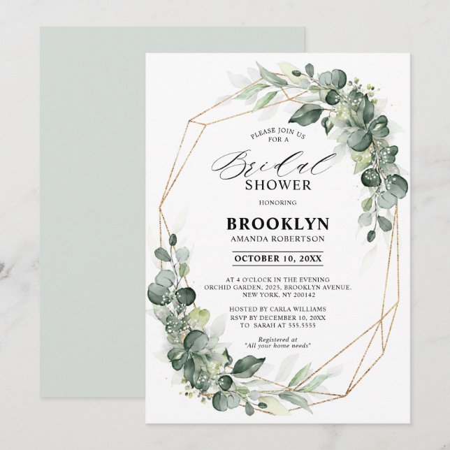 Invitación Eucalyptus Greenery Rustic Geometric Bridal Shower (Anverso / Reverso)
