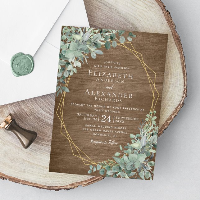 Invitación Eucalyptus Greenery Rustic Wood Boda Geométrico (Subido por el creador)