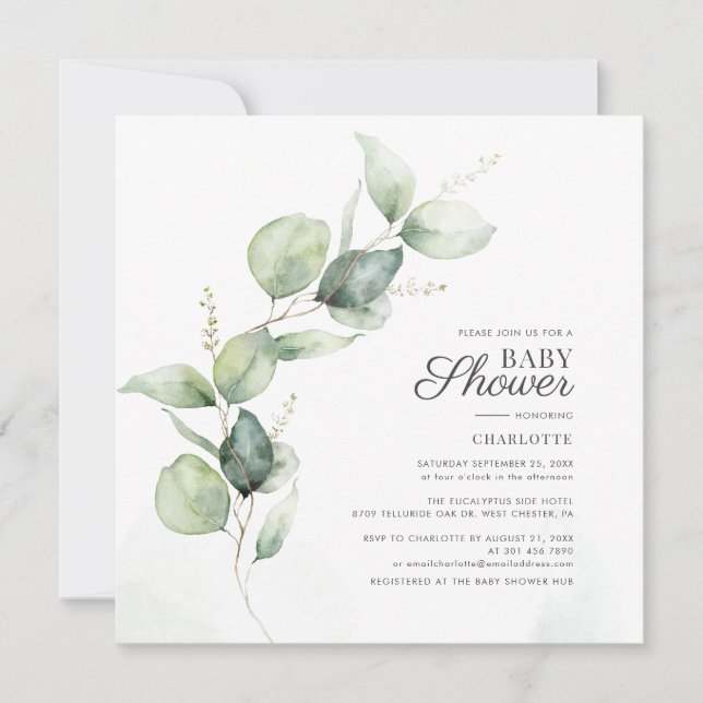 Invitación Eucalyptus Greenery Script Baby Shower Botánico (Anverso)